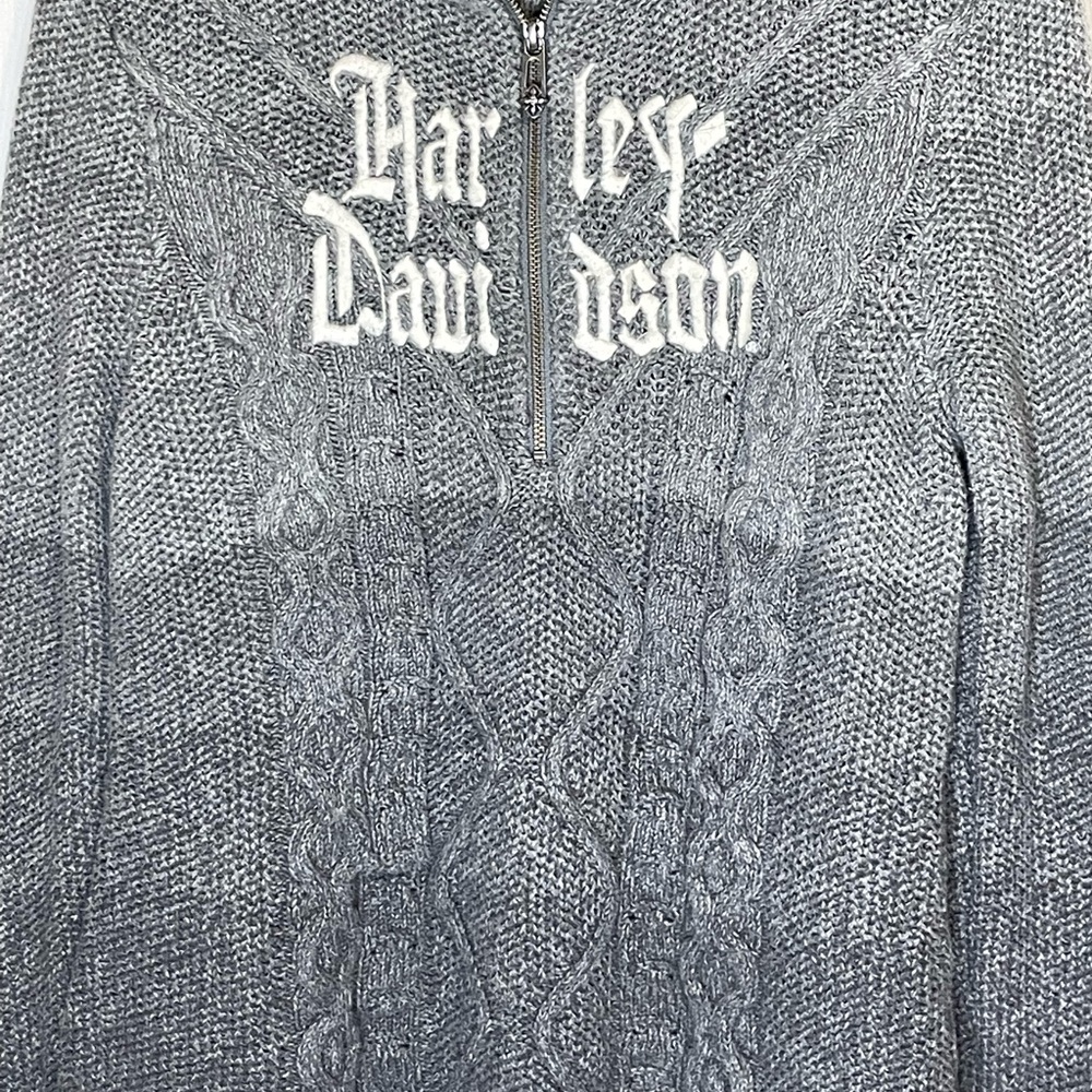 Harley Davidson Ombré Gray Cable Knit Embroidery Front 3/4 Zip Pull Over Sweater - Picture 10 of 12